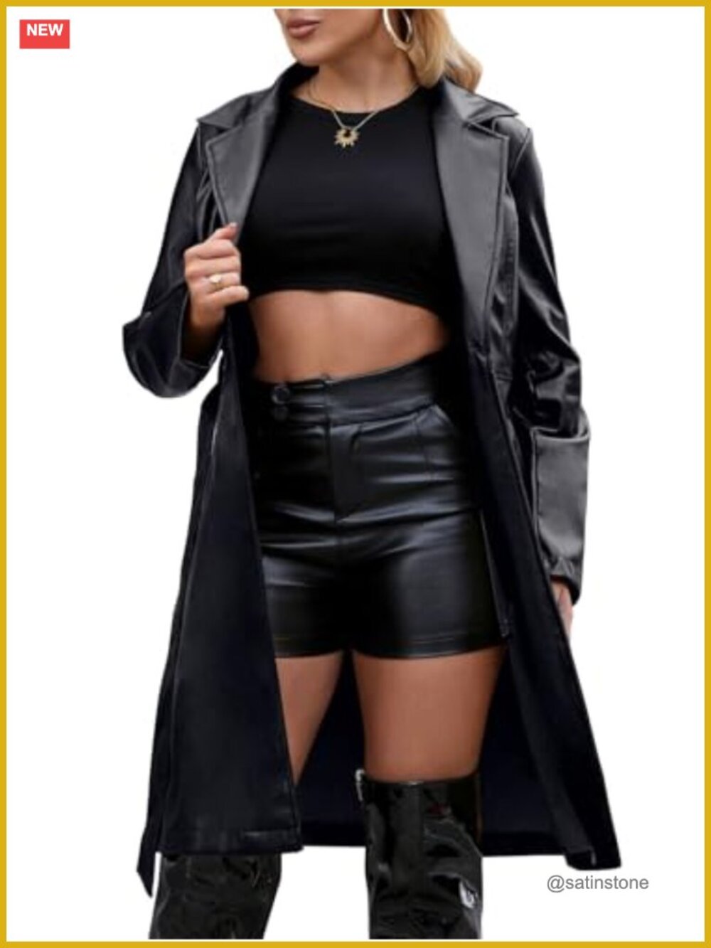 Long Faux Leather Trench Coat with Belt Knee Length Loose Fit Motorcycle Coat